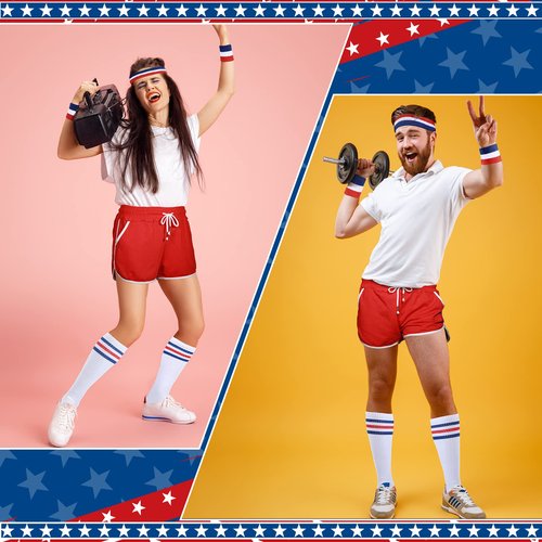 Jeere 6 Pcs 80s Costume for Men 90s Workout Outfit Set Shorts Striped Sweatbands Headband Socks for Women Party Cosplay(Red,L)