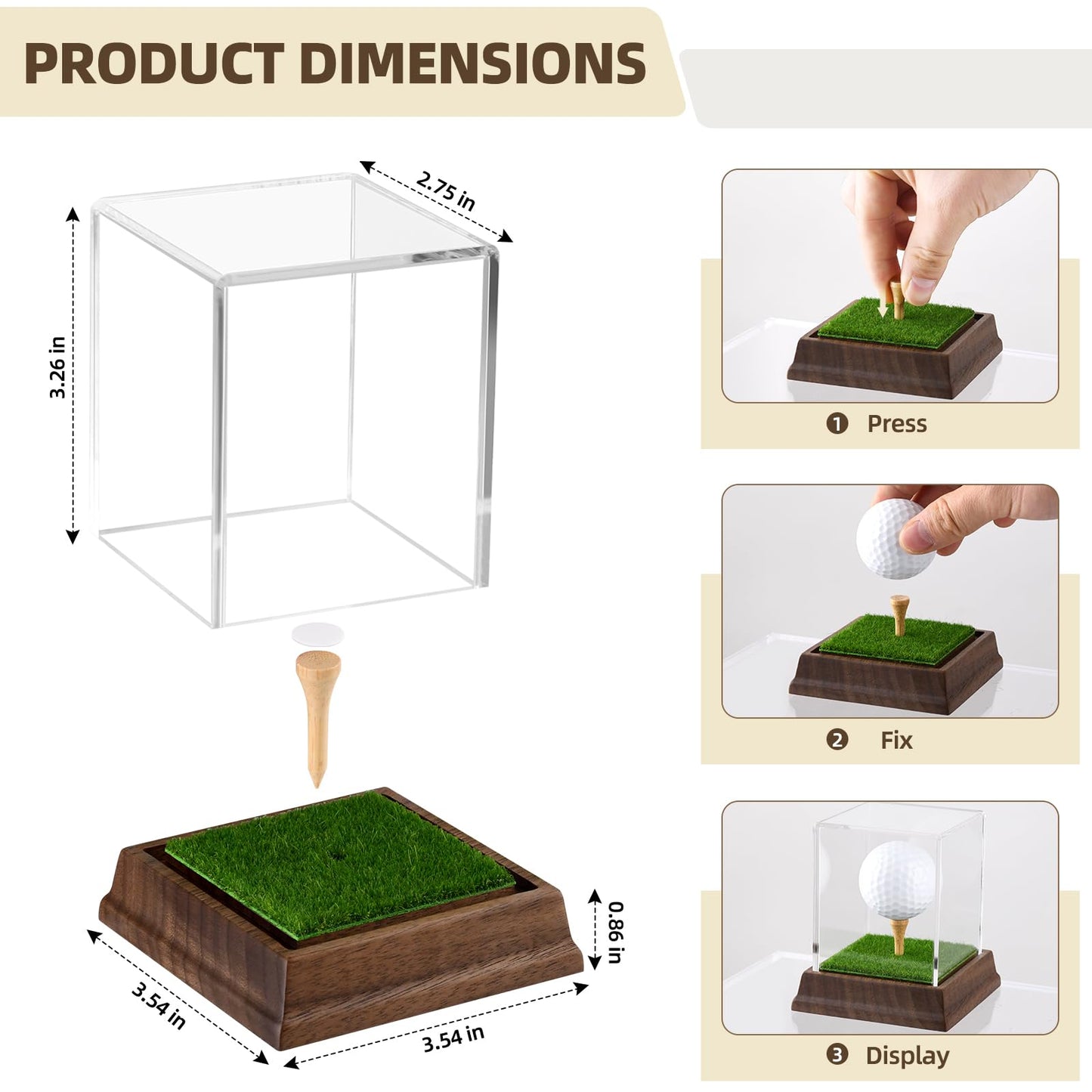 Golf Ball Display Case Hole in One Golf Ball Display Case Holder Wanult Wood Base Acrylic Golf Ball Holder Stand Lifelike Turf Wood Tee Memorabilia Showcase Square Cube Box Stand Golf Gifts Decor