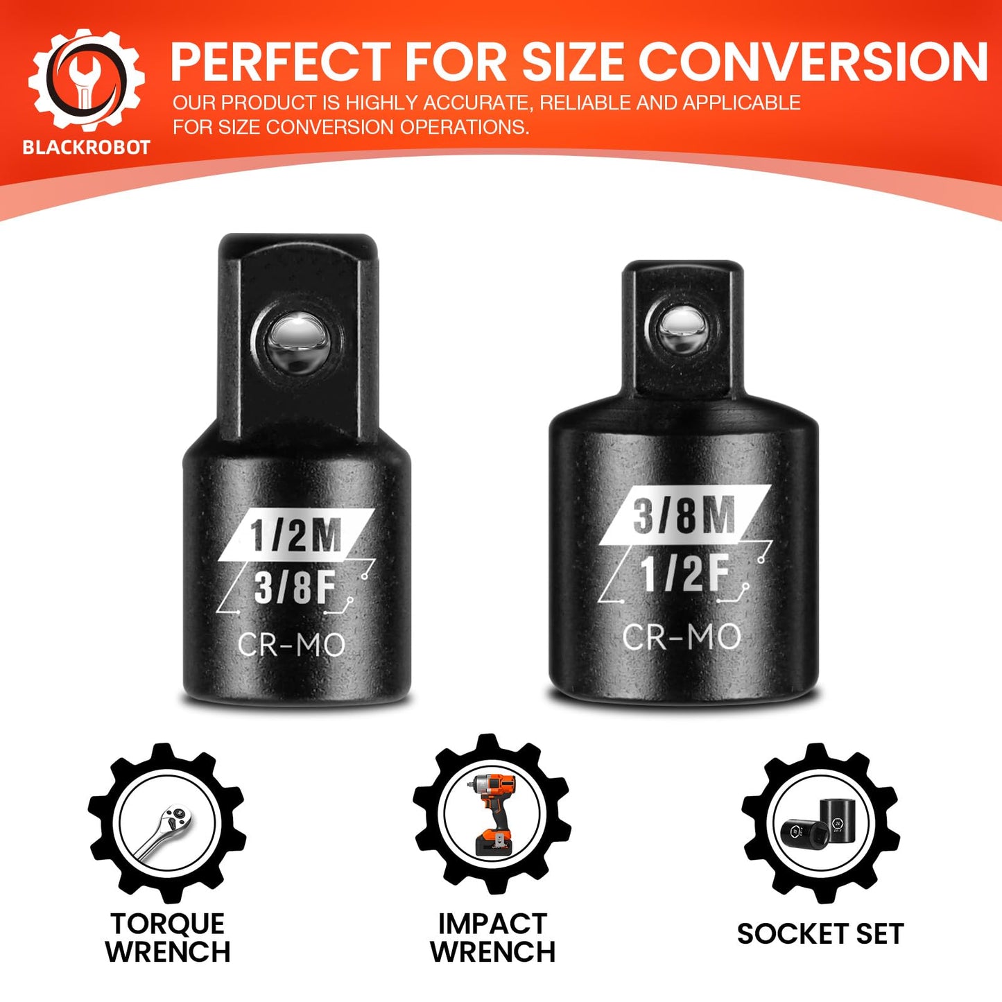 BLACKROBOT 2PCS Impact Socket Adapter and Reducer Set, 3/8" to 1/2" & 1/2" to 3/8" Socket Adapter Set, SAE Drive Cr-Mo Steel Exceeds ANSI Standards, Square Drive Adapter for Impact Driver Wrench