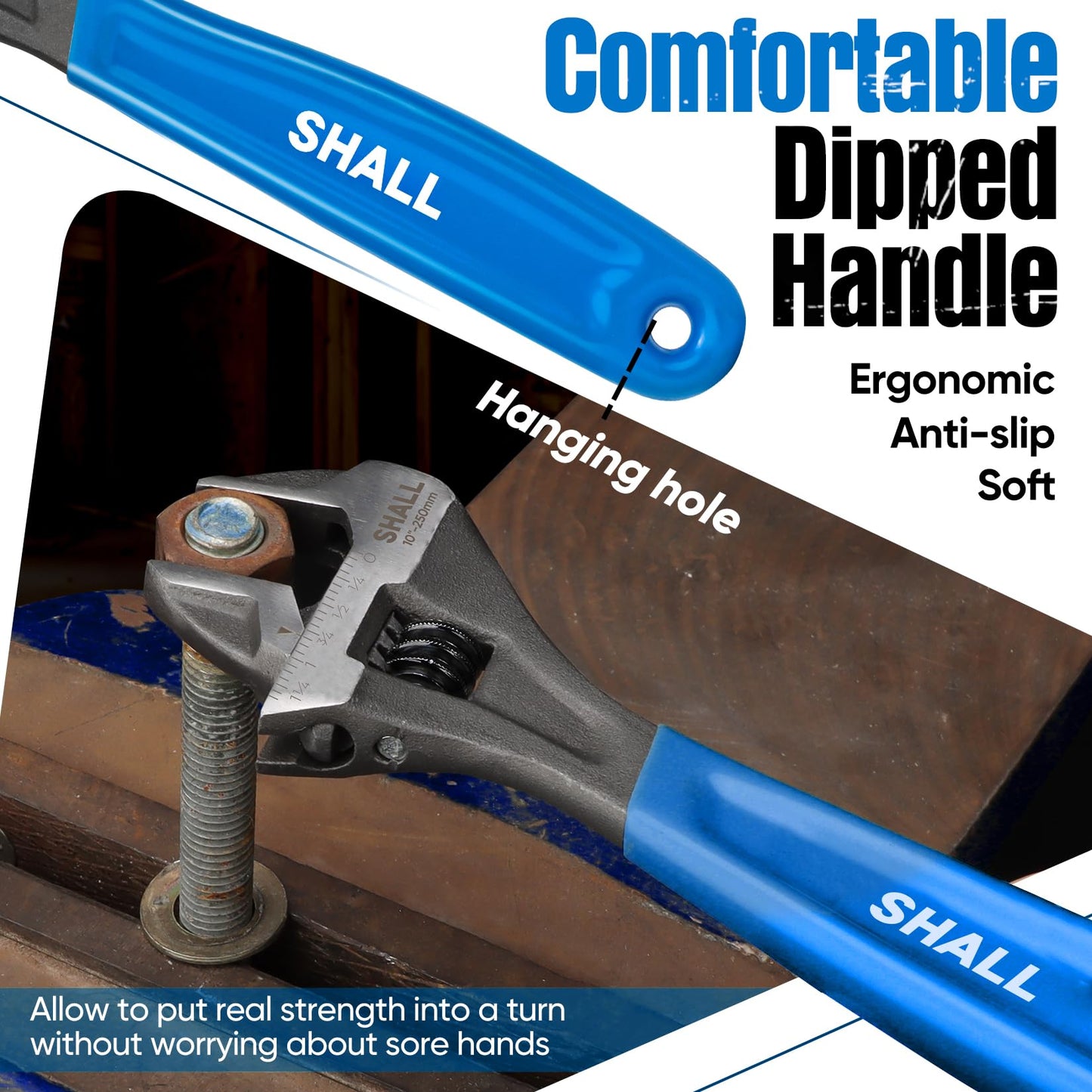 SHALL 10 Inch Adjustable Wrench, Cr-V Steel Spanner with Cushion Grip, Wide Jaw Black Oxide Wrench with Laser-etched SAE Scales for Home, Garage, Workshop and DIY