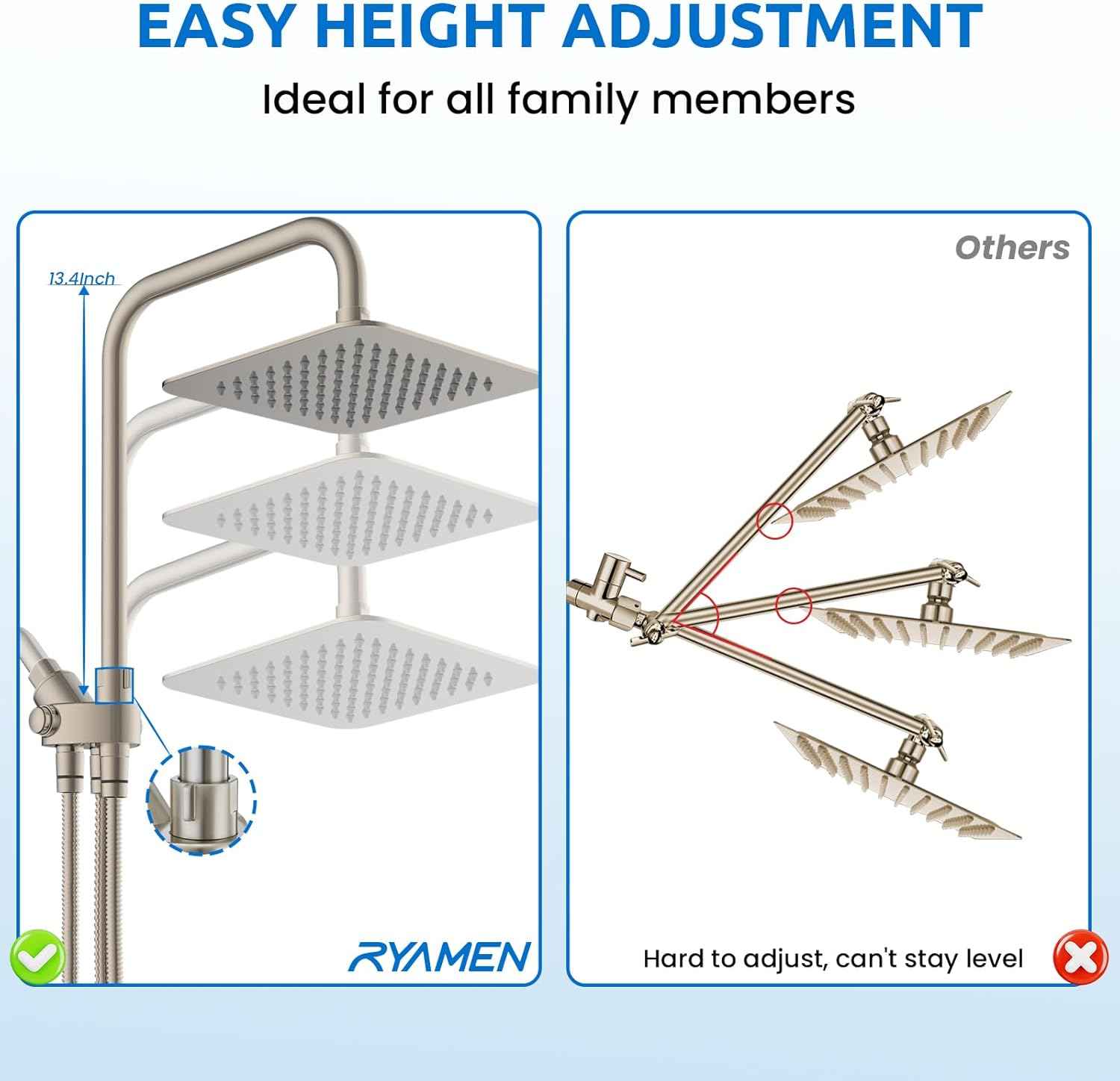 High Pressure Dual Shower Head Combo with Handheld - 8" Rainfall & 6 Spray Settings, Adjustable Brushed Nickel