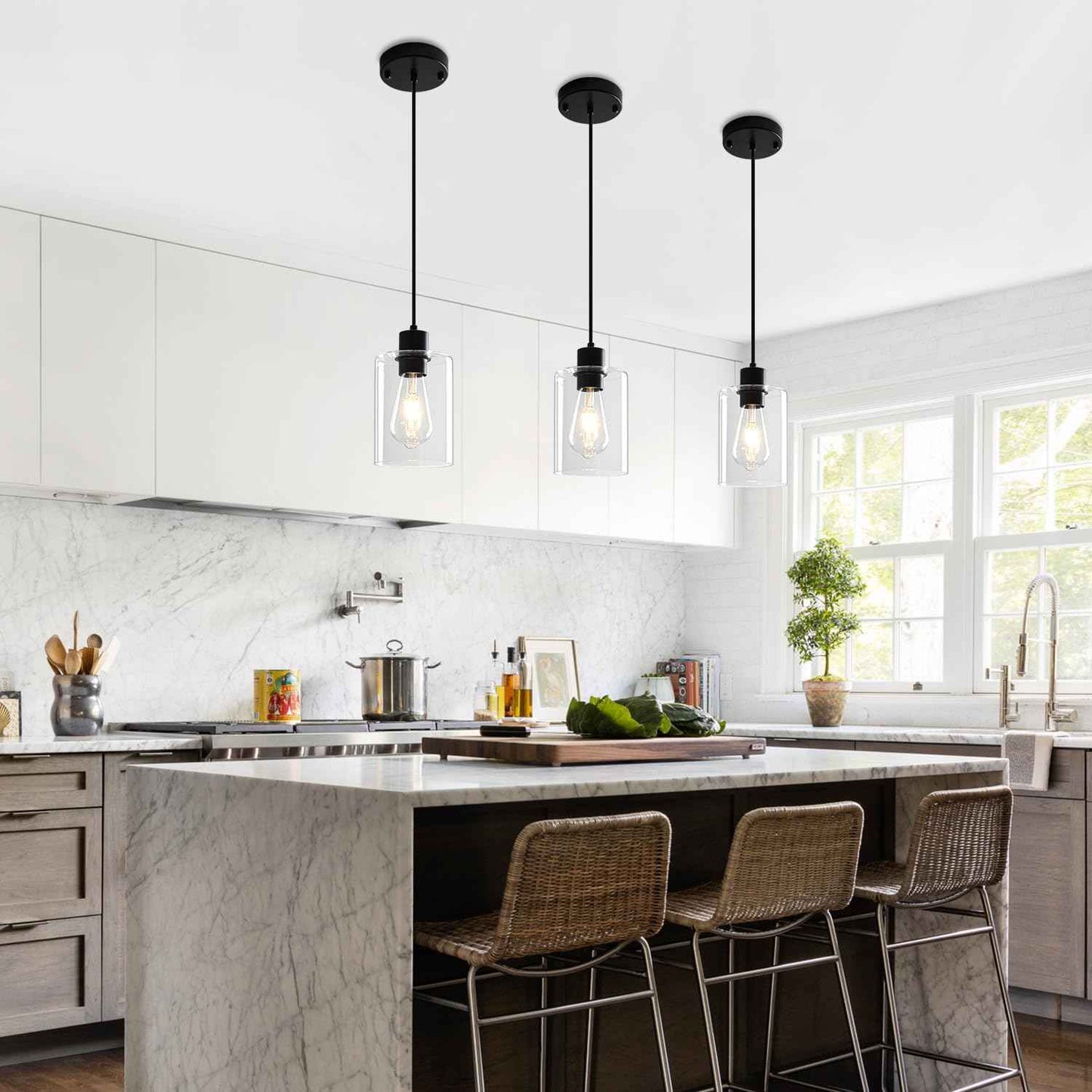 Modern Black Pendant Lights for Kitchen Island - 3 Pack Glass Hanging Fixtures