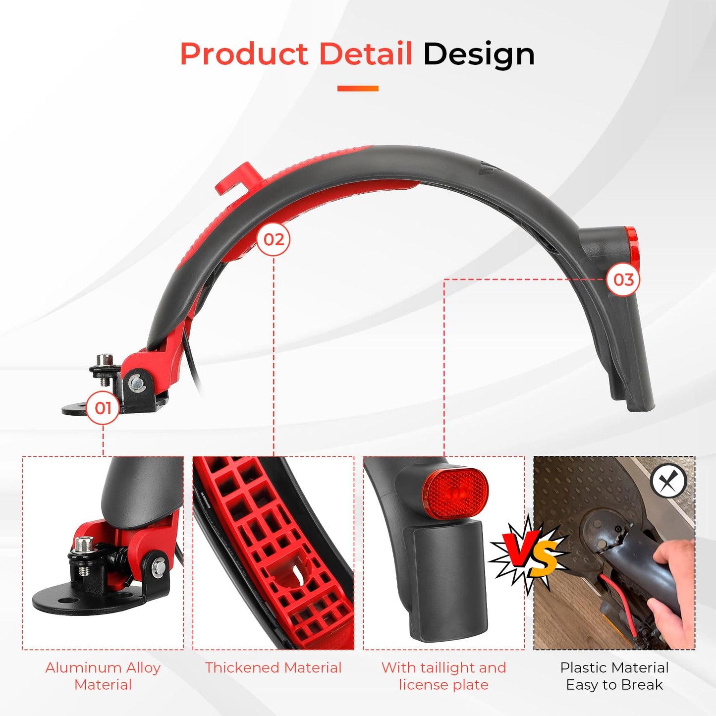 LUCK4U Scooter Rear Fender Replacement Accessory with tail light with brake Compatible with M365 Pro Pro 2 1S MI3 Swagger 5 Scooter Gray-Red