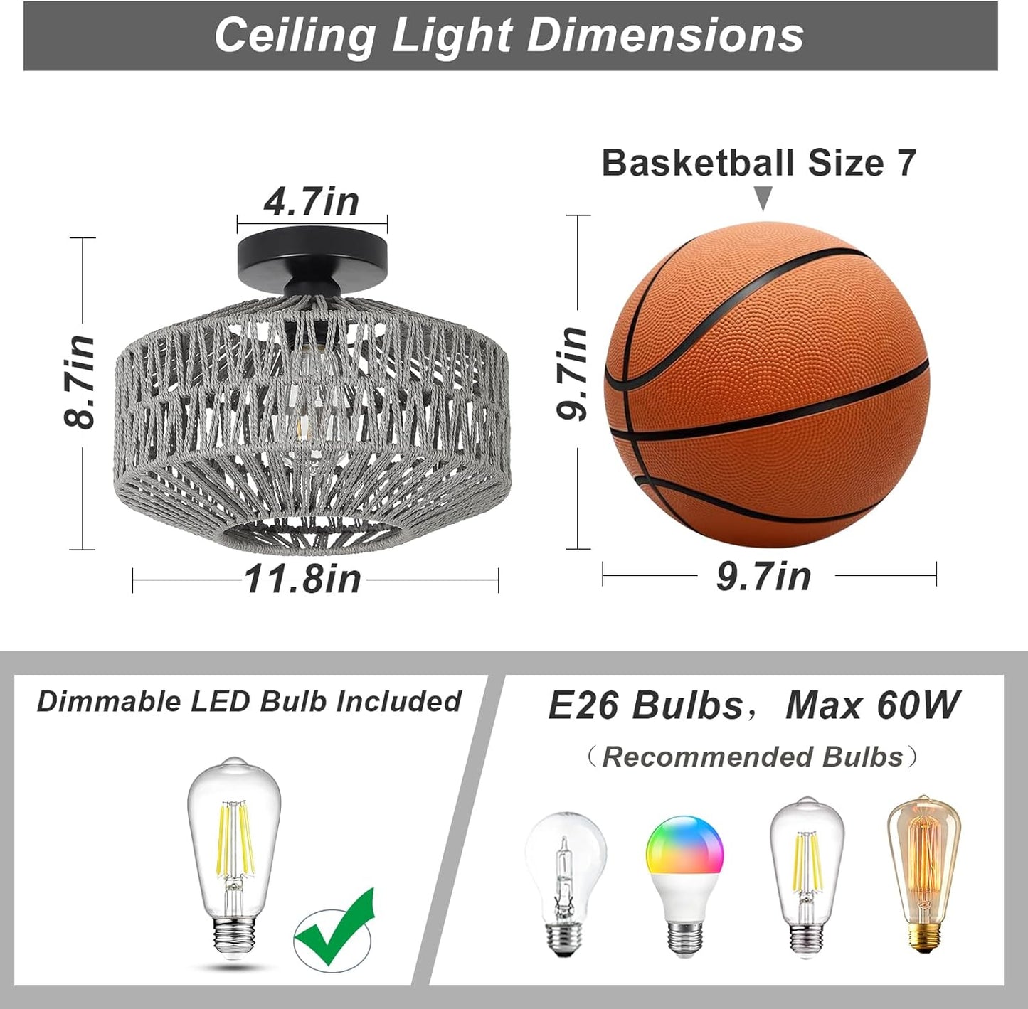Boho Rattan Chandelier Ceiling Light Fixture with Dimmable LED Bulb - Hand Woven Flush Mount for Hallway, Bedroom, Kitchen & Living Room