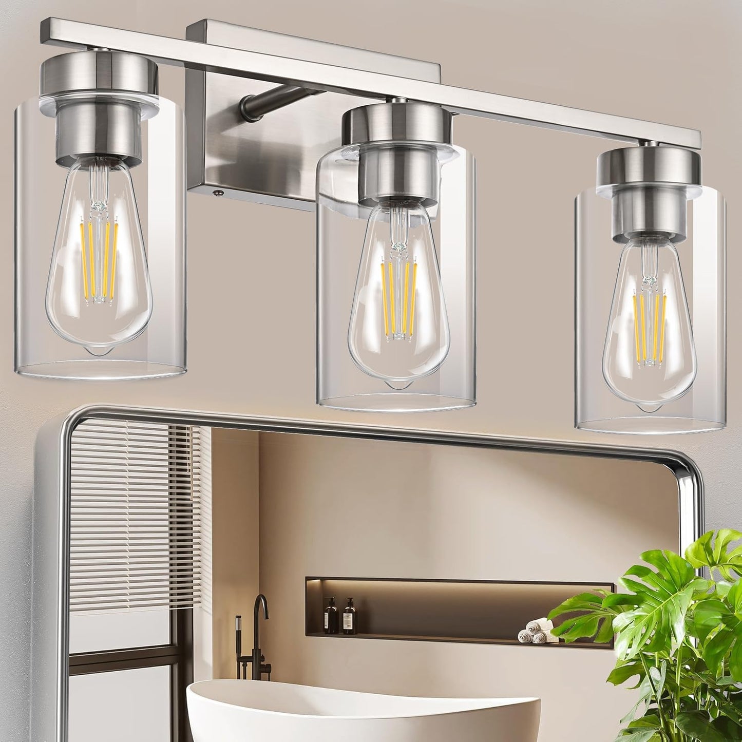 Modern 3-Light Bathroom Vanity Light in Brushed Gold with Clear Glass Shades