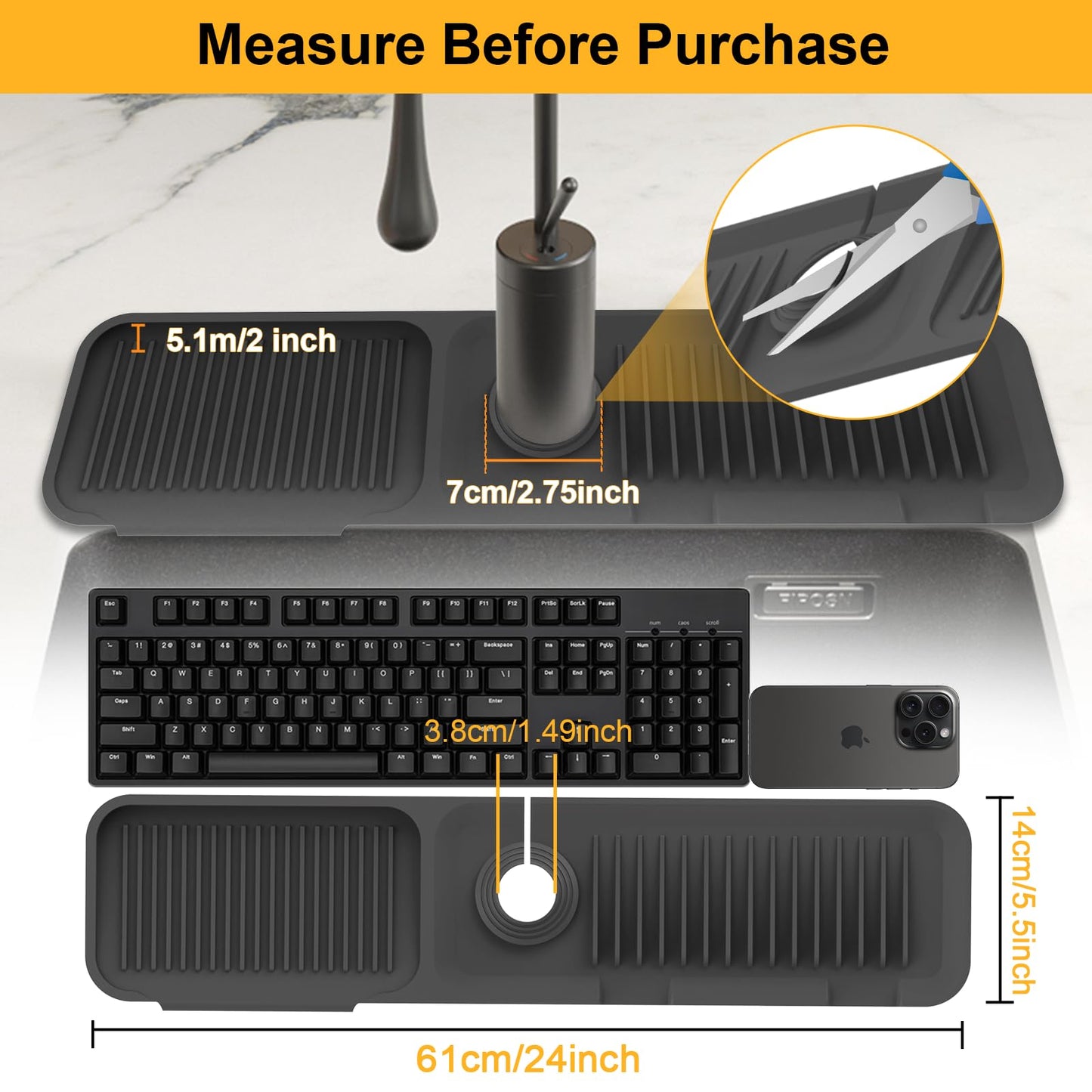 Doeklpo 24 Inch Kitchen Sink Splash Guard๏ผ5ยฐSlope Fast Draining Silicone Mat for Kitchen Sink Faucet Mat, Kitchen Sink Tidy Splash Guard for Kitchen Sink Area Bathroom Faucet Draining Mat (Black)