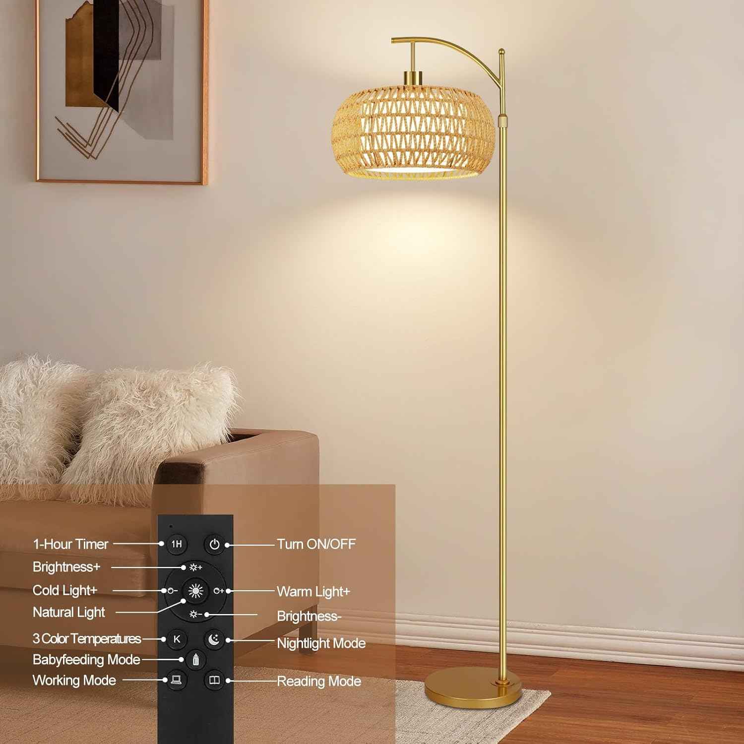 Boho Gold Floor Lamp with Remote Control | Dimmable Rattan & Wicker Design for Living Room