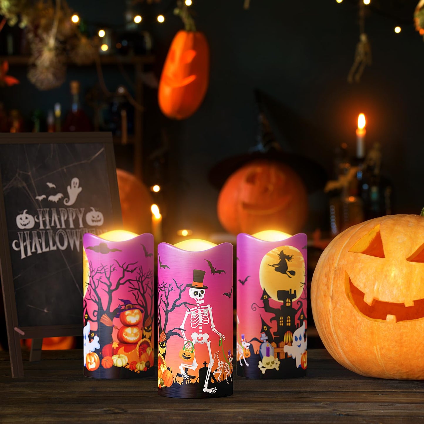 Halloween Flameless LED Candles, Orange Warm Light Halloween Candles, Battery Operated Candles, Candles with Remote Timers for Halloween Decoration, 3 x 6 Inch, Set of 3