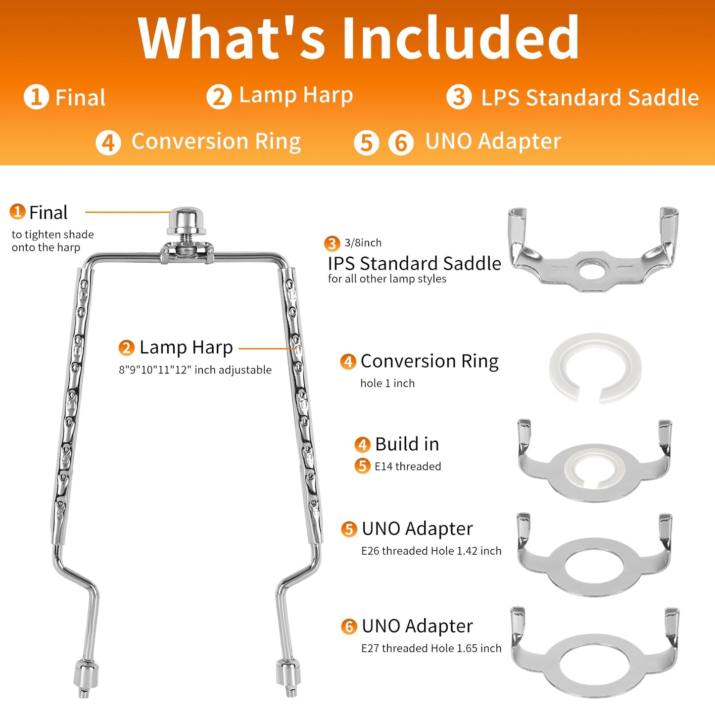 Lamp Harp Kit,Adjustable Lamp Shade Holder, harp and finial for lamp,Lamp Shade Holder Fits 8 9 10 11 12 inch Shades, with Lamp Rod and E14 E26 E27 Light Base UNO Fitter Adapter Converter Finial Set