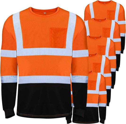High Visibility Long Sleeve Safety Shirts - 6 Pack Class 3 Reflective Wicking Shirts with Pocket (Yellow)