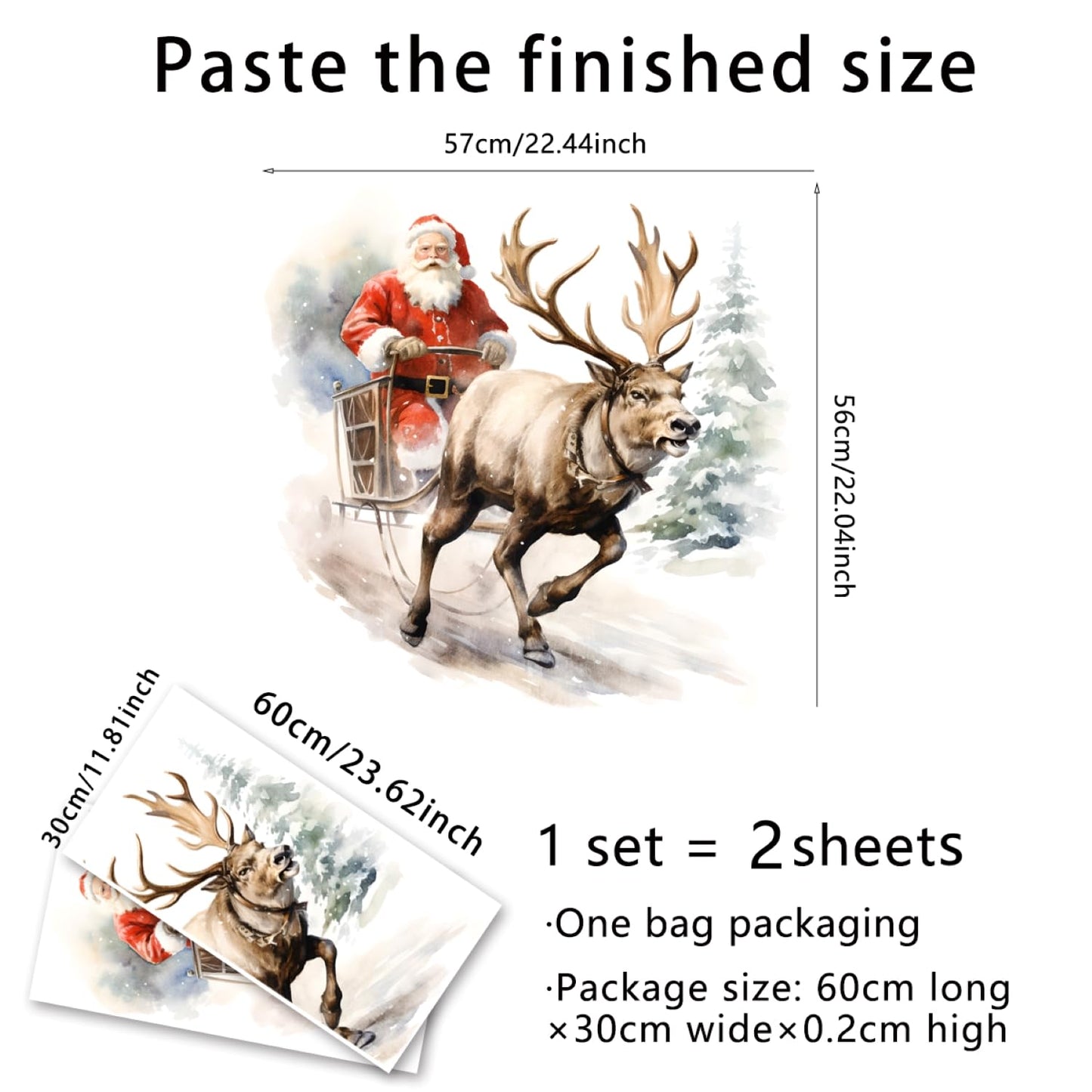 3D Christmas Reindeer Pulling Santa's Sleigh Wall Decal - Removable Tree Sticker, Vinyl Decor, Deer Snow Art Winter Scenes Mural, Peel and Stick