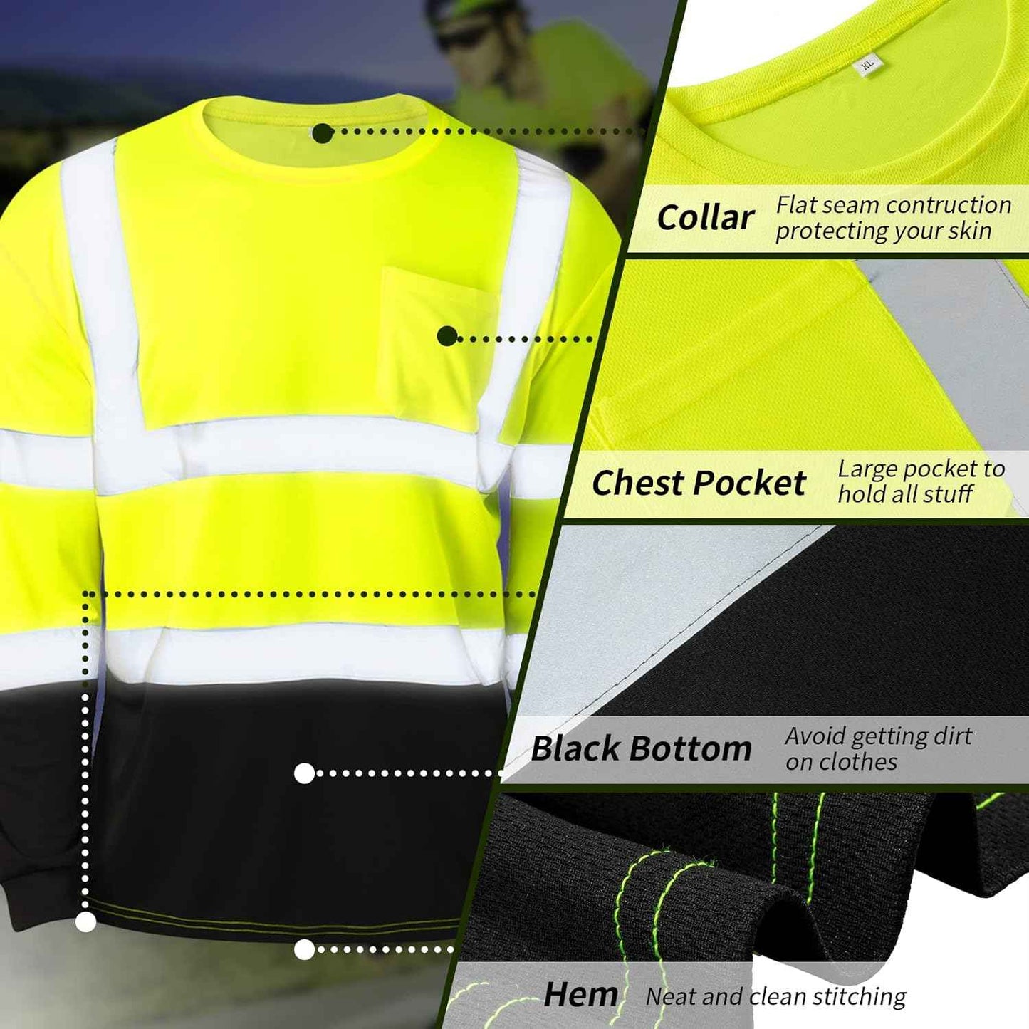 High Visibility Long Sleeve Safety Shirts - 6 Pack Class 3 Reflective Wicking Shirts with Pocket (Yellow)
