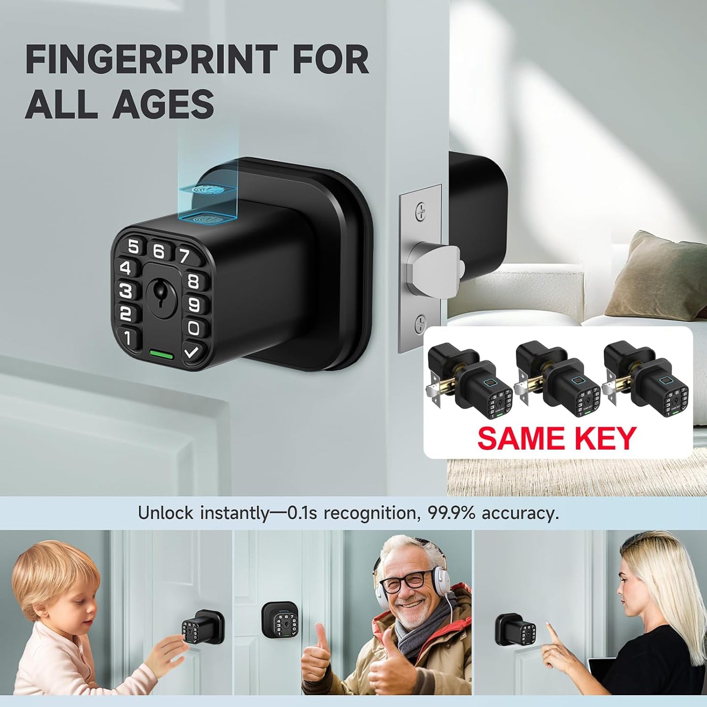 Smart Biometric Fingerprint Door Lock with Keypad - Keyless Entry, Waterproof, Auto Lock - Matte Black