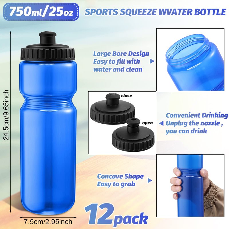 Mimorou 12 Pack 25 Oz Sports Water Bottles, Plastic, Blue, Reusable, Leakproof, Lightweight, BPA Free, for Travelling, Yoga, Cycling, Fishing, Basketball, Hiking