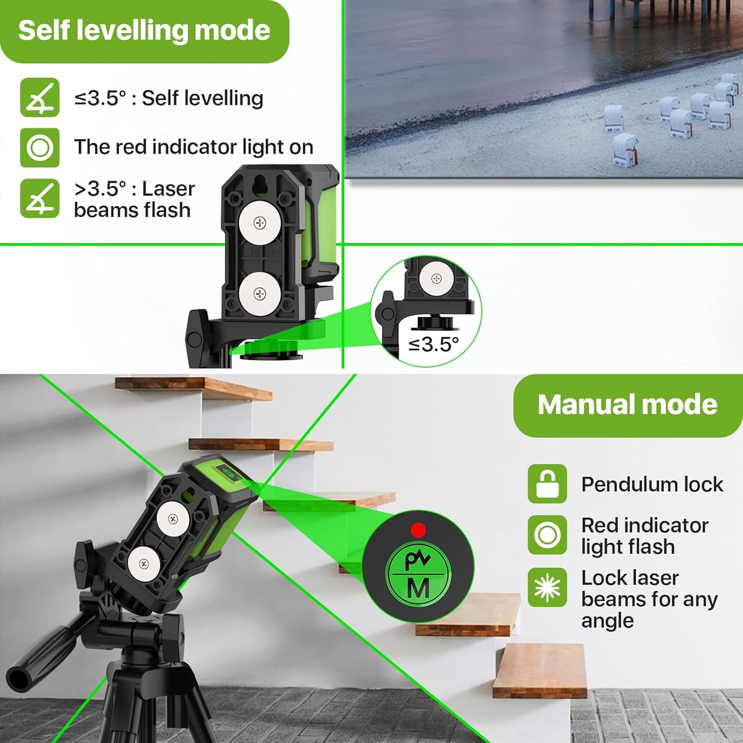 DEGLASERS Green Self-Leveling Laser Level with Tripod - 100ft Cross Line Tool for Home Renovation & Picture Hanging