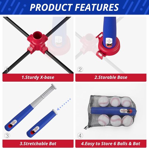 HYES 3-in-1 Baseball Set for Kids 3-5 | Adjustable Tee Ball Stand & Ball Launcher - Indoor/Outdoor Fun, Blue
