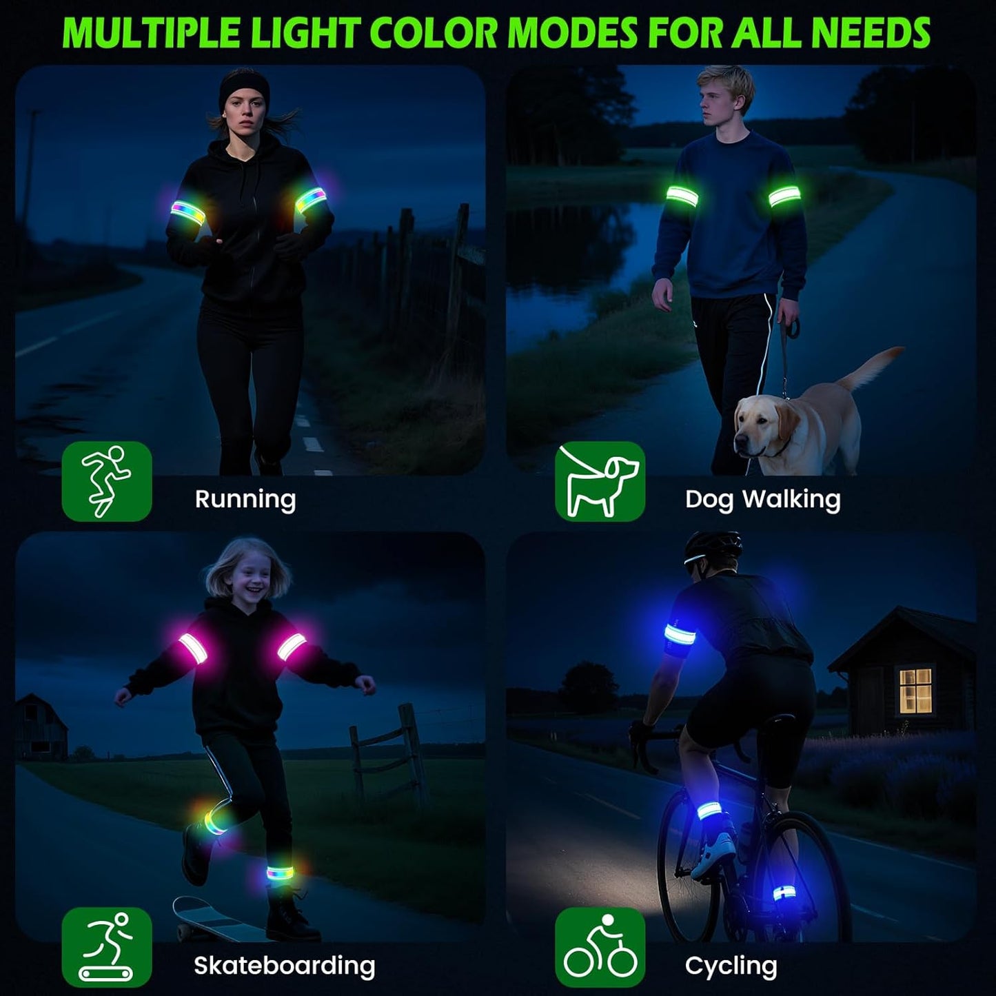 Skiennix LED Armband - High Visibility Reflective Gear | 2 Pack, 5 Colors, 3 Light Modes, Rechargeable