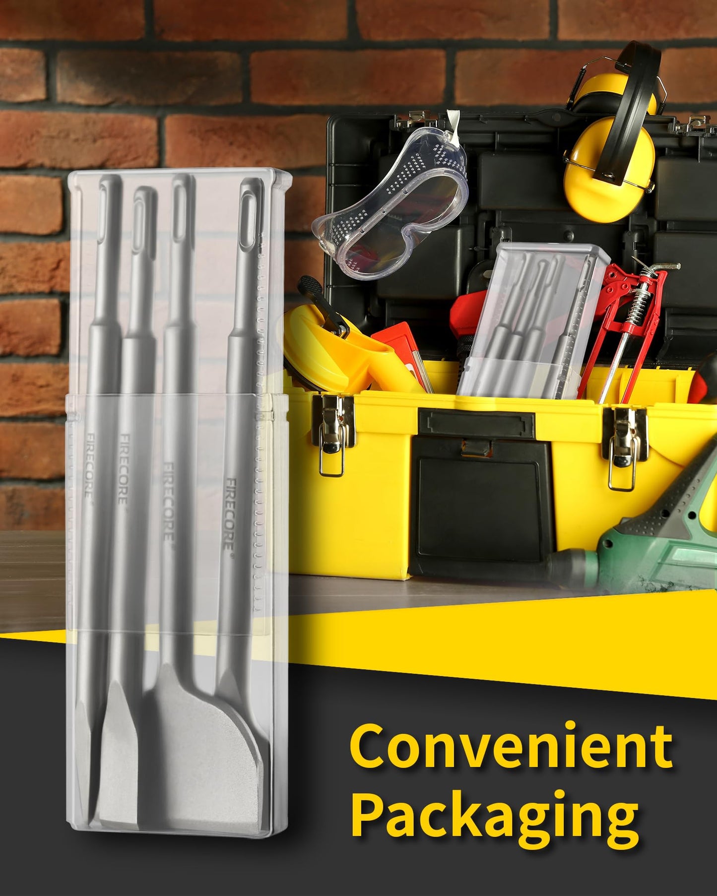 SDS Chisel Set, Firecore 4pcs Tile Removal Chisel Bits for SDS Plus Rotary Hammer Drill Attachments, Alloy Steel Shovel for Demolition Chipping Grooving Scaling Removing Cement Thinset Mortar Vinyl