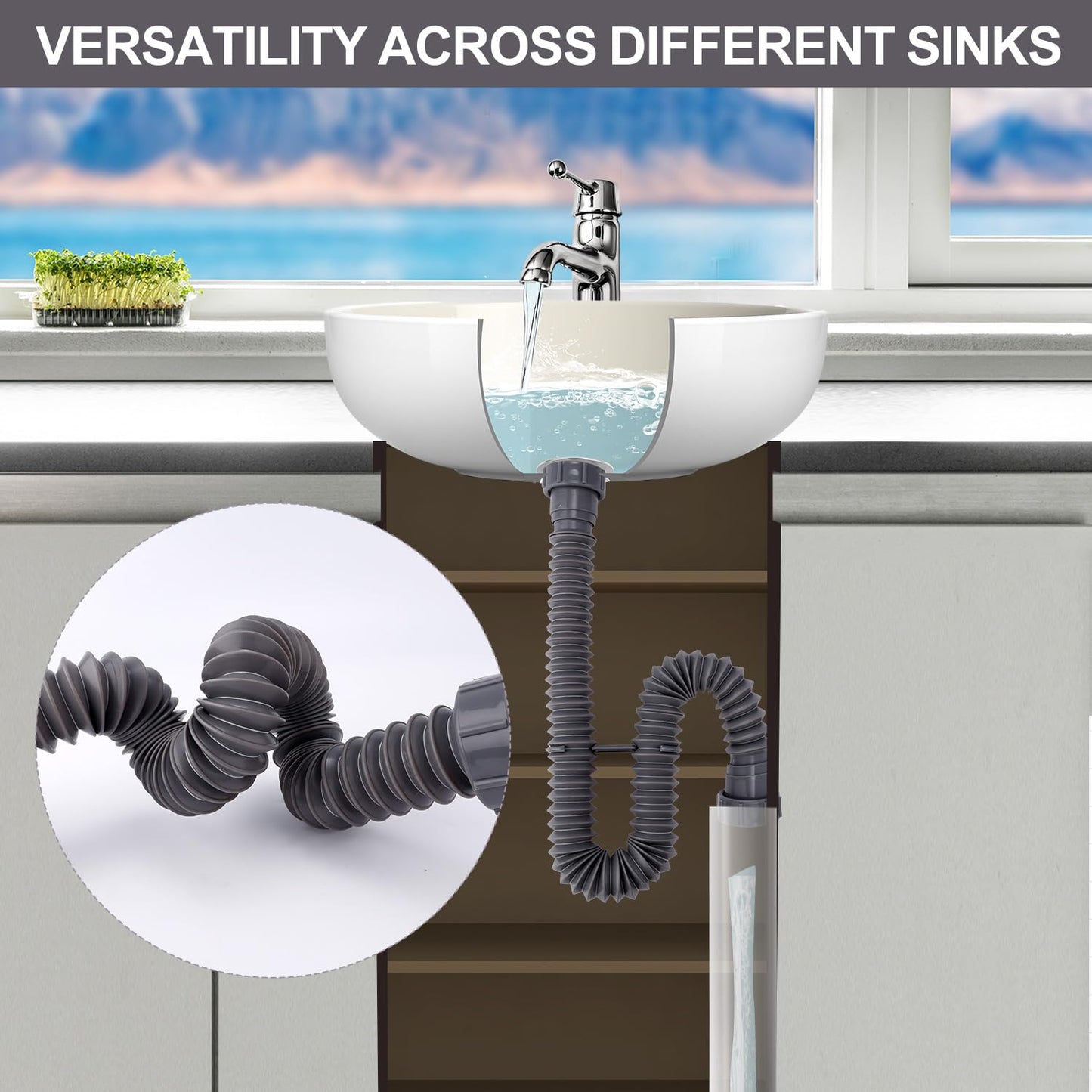 Sink Drain Kit, 1-1/2 Inch Expandable Flexible P-Trap 7.5 Inch - 17.7 Inch Flexible Sink Drain Pipe for Bathroom Sinks Kitchen Sinks