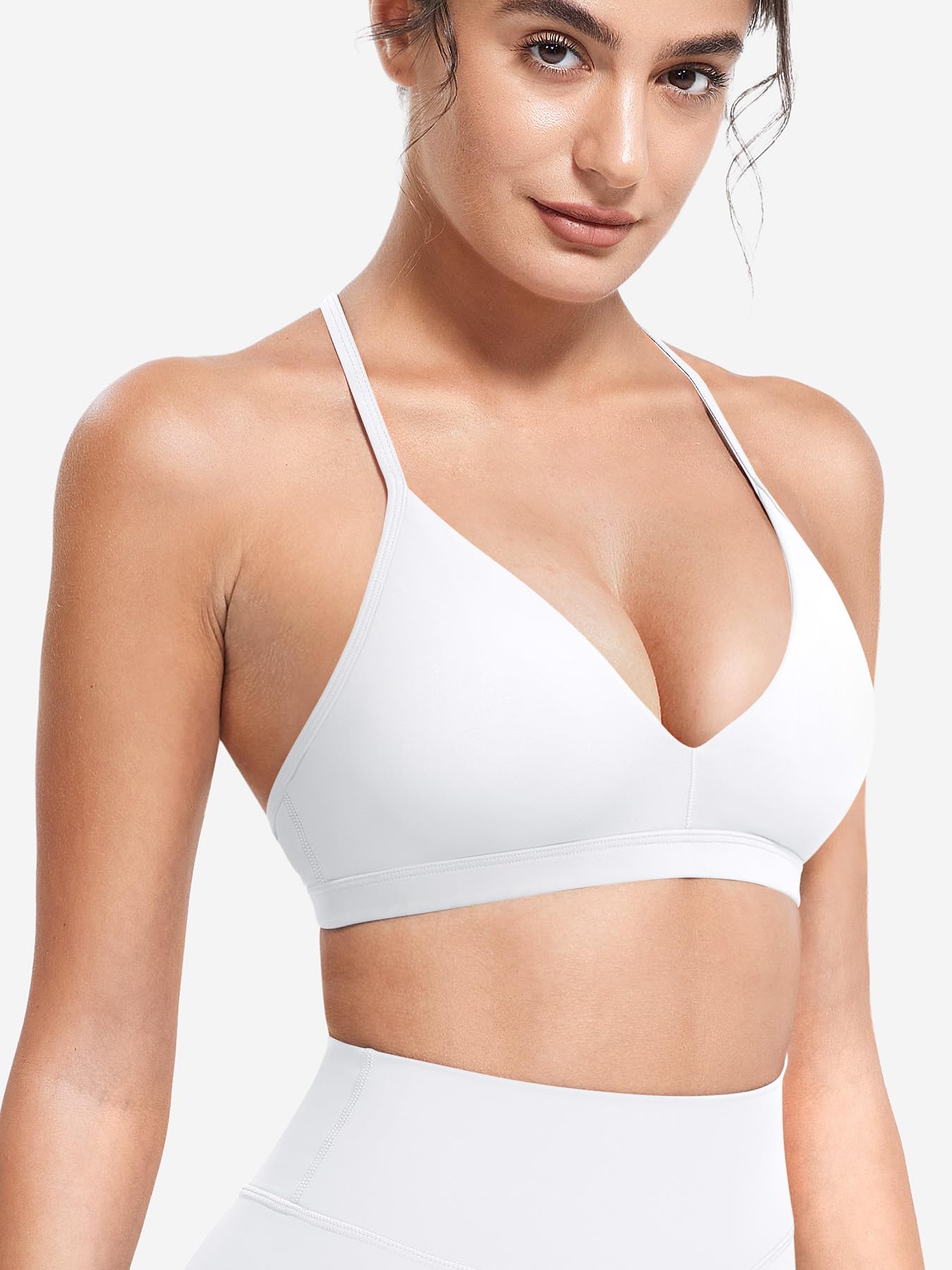 YEOREO CoreFlex Sports Bras for Women Strappy Padded Halter Open Back Light Impact Deep V Neck Yoga Workout Gym Tops White S