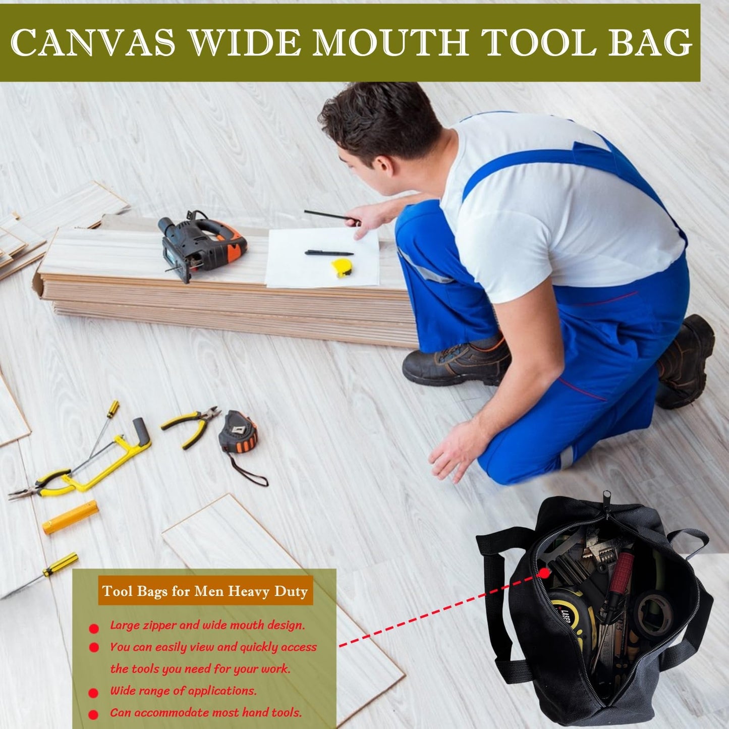 14 Inch Small Tool Bags for Men,Wide Mouth Zipper Tool Storage Bag,Large Capacity Canvas Tool Tote Bag,Portable Multi-Function Tool bag for Storage Wrenches,Screwdrivers,Repair Tools (Black)