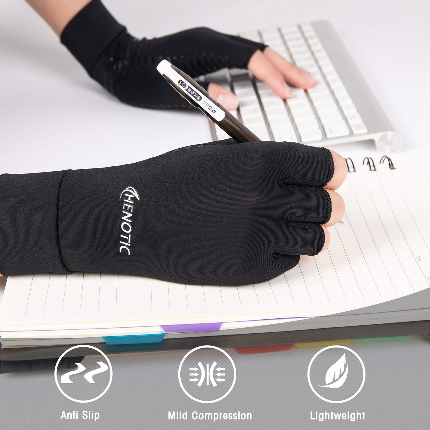 HENOTIC 2 Pairs Copper Arthritis Gloves for Women Men, Fingerless Breathable & Moisture Wicking Arthritis Compression Gloves for Relieving Carpal Tunnel Aches, Rheumatoid Pains, Joint Swell
