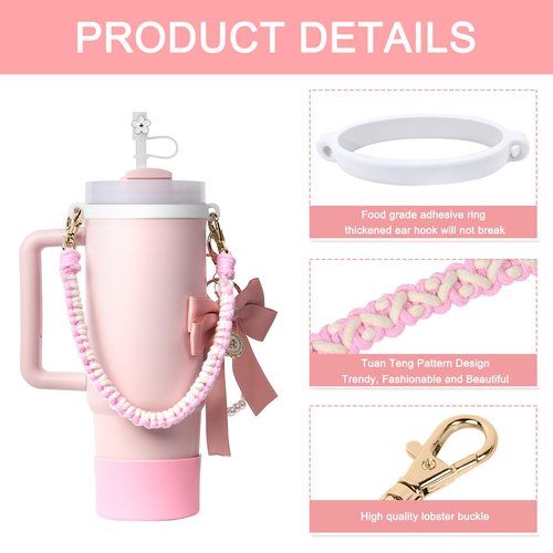 BELSITA Stanley Cup Accessories Set - Bow Pearl Chain Braided Handle Strap, Silicone Boot, Charms for 30/40oz Tumbler (Pink), Standard