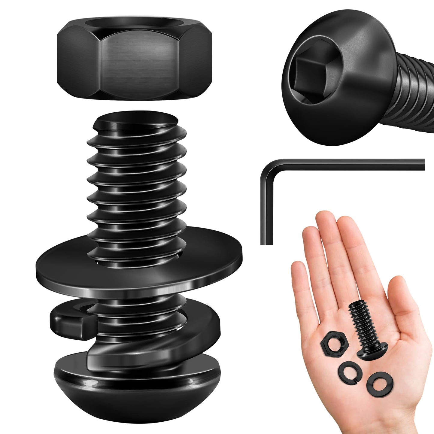 (20Sets) 1/4-20 Bolt x 3/4" Button Head Socket Cap Bolts Screws, Black Oxide 304 Stainless Steel Nuts and Bolts, 18-8 Allen Screws, Nuts and Bolts Assortment Kit, Fully Threaded Hex Spanner by Mywish