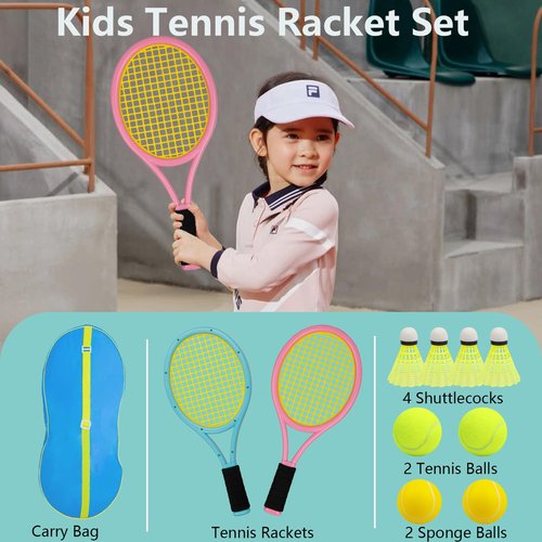 JHuiLap Kids Tennis Racket 17 Inch Lightweight for Junior Toddlers - Includes 2 Tennis Balls, 2 Sponge Balls, 4 Shuttlecocks & Carry Bag (Blue & Pink)