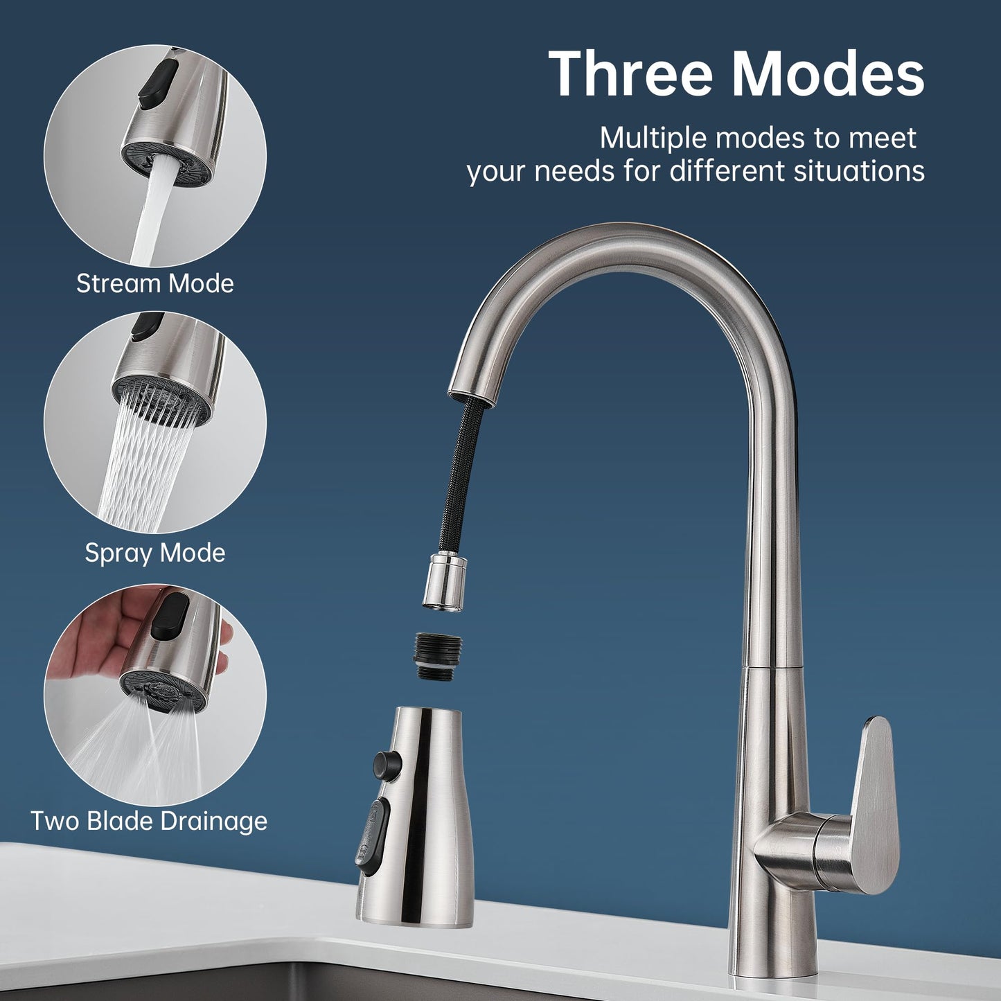 Pull Down Kitchen Faucet Head Replacement,3 Function Kitchen Faucet Head High Pressure Kitchen Sink Sprayer Replacement with 11Adapters Compatible with American Standard, Brushed Nickel