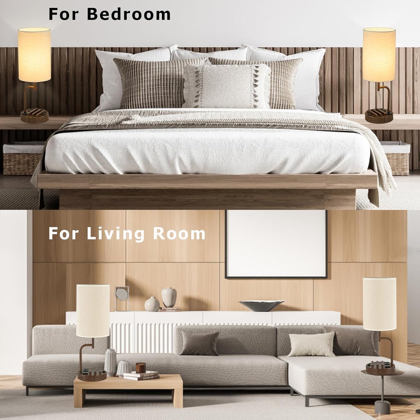 Modern Table Lamp with 3 USB Ports & AC Outlet - Set of 2 Bedside Desk Lamps in Silver