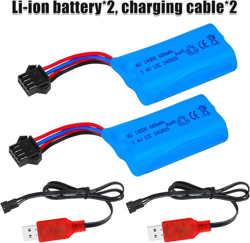 Crazepony 600mAh 7.4V Li-ion Rechargeable Battery - SM-4P Plug & Charger Cable | 2 Pack for RC Boats & Cars