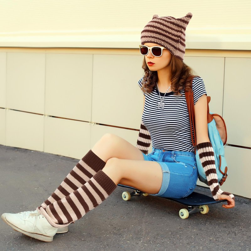 Mepase 8 Pcs Y2k Grunge Cat Beanie with Therian Leg Covers, Emo Gothic Fingerless Knitted Gloves and Necklace