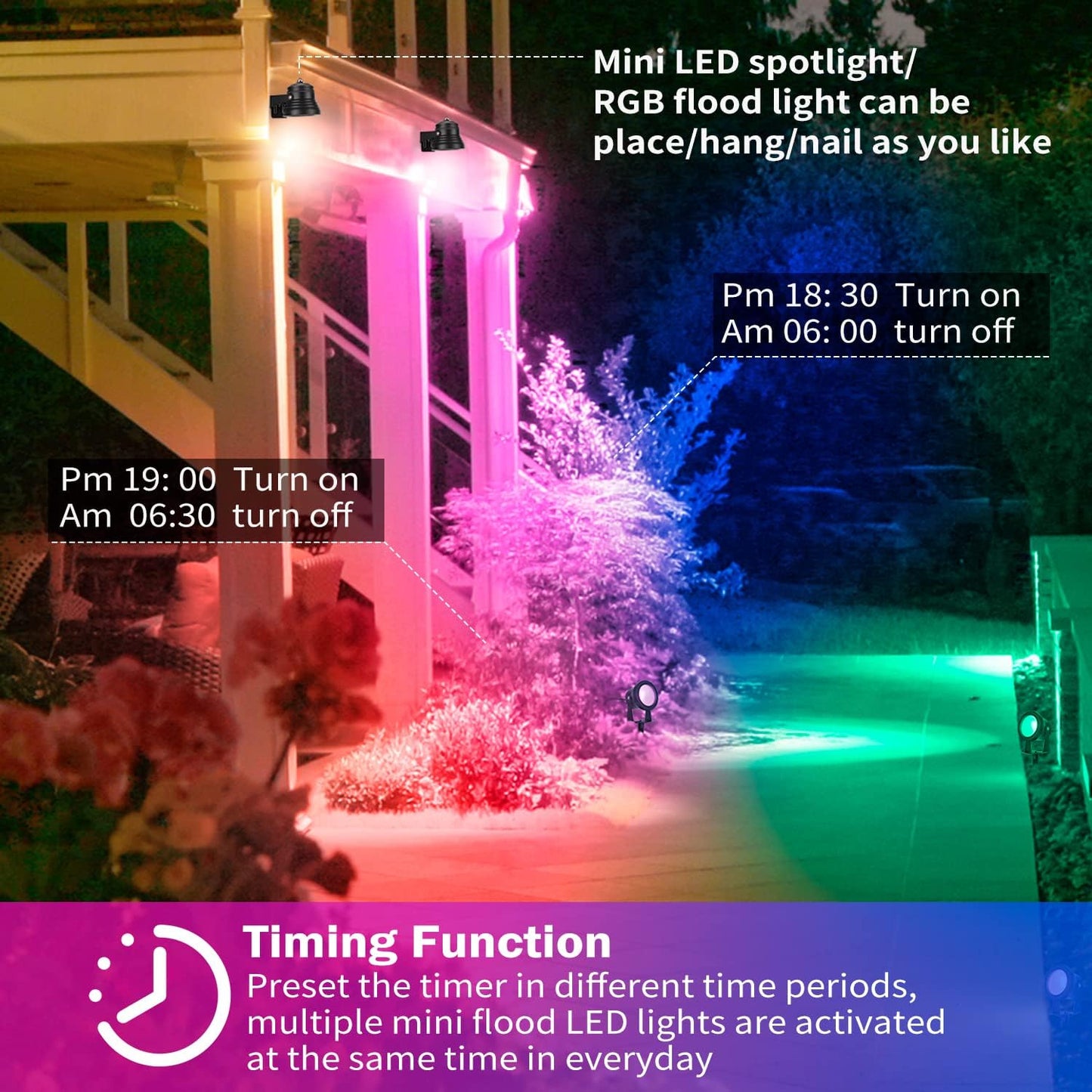 15W Smart Outdoor Colored Spotlights - APP Control, Waterproof Dimmable Garden Lights with Timer & Music Sync