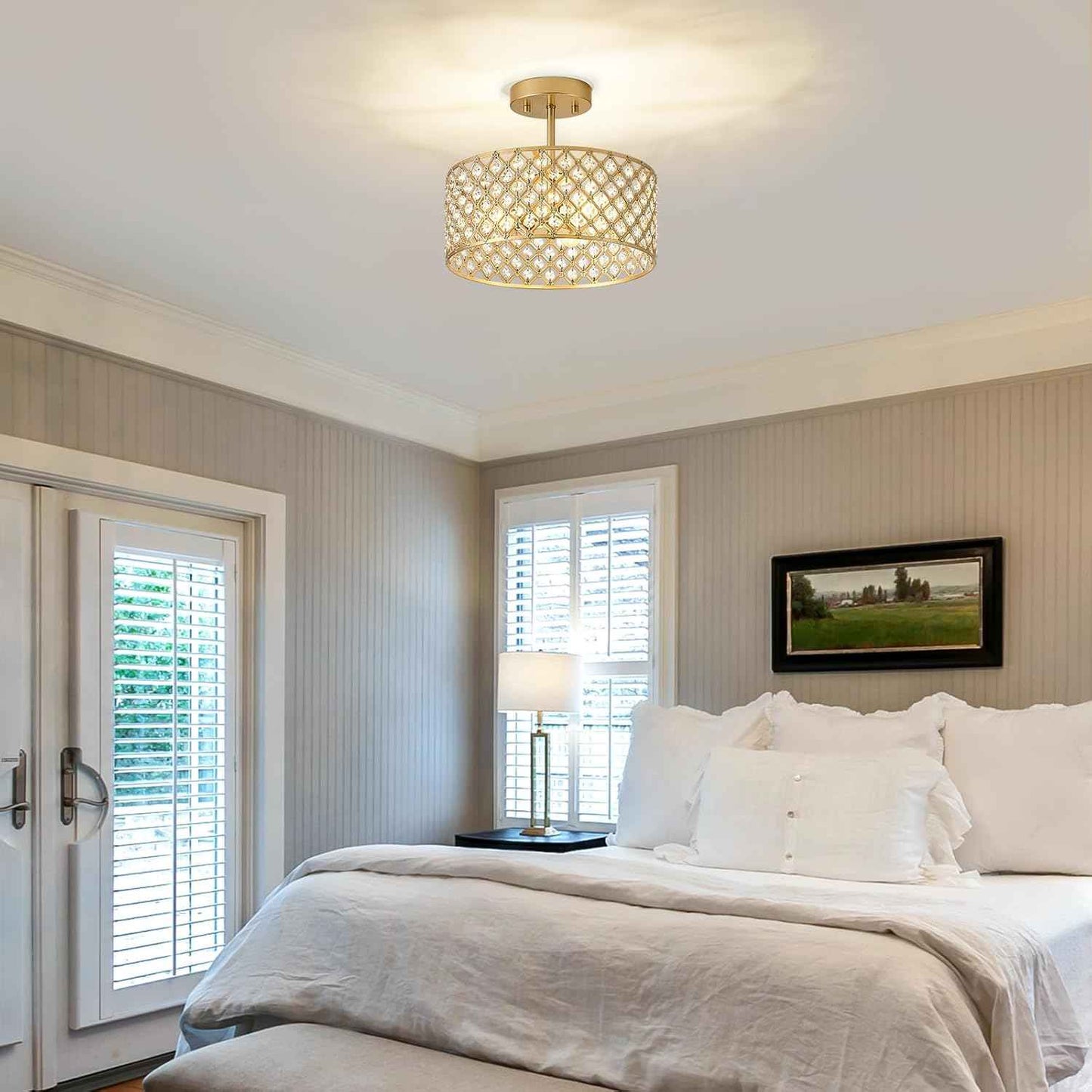 Modern Black Crystal Semi Flush Mount Ceiling Light Fixture - 11.2" Round Chandelier for Dining Room, Hallway, Kitchen & Bedroom