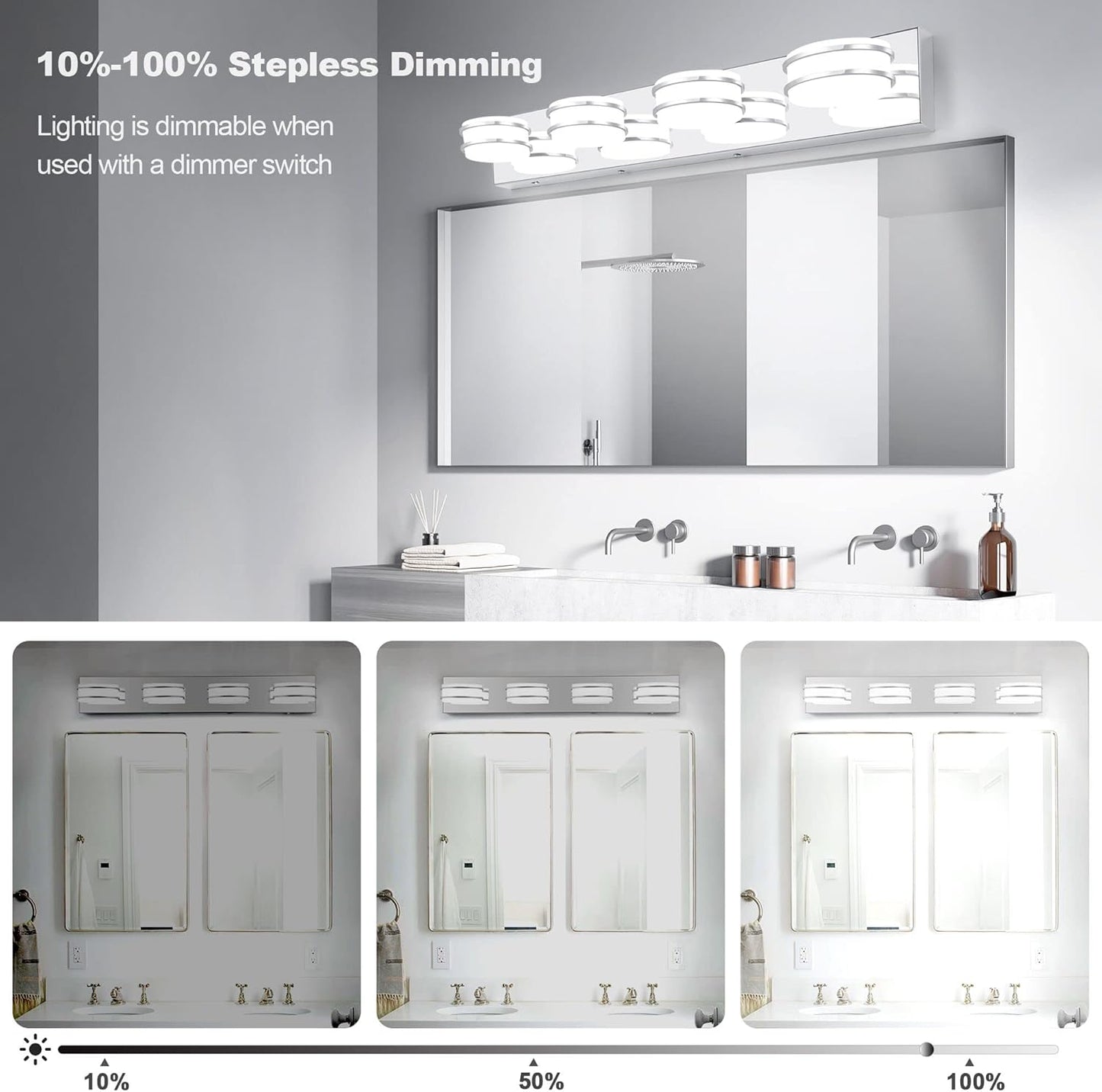 LED Chrome 3-Light Dimmable Bathroom Vanity Light Fixture - Modern Acrylic & Stainless Steel Over Mirror Lighting