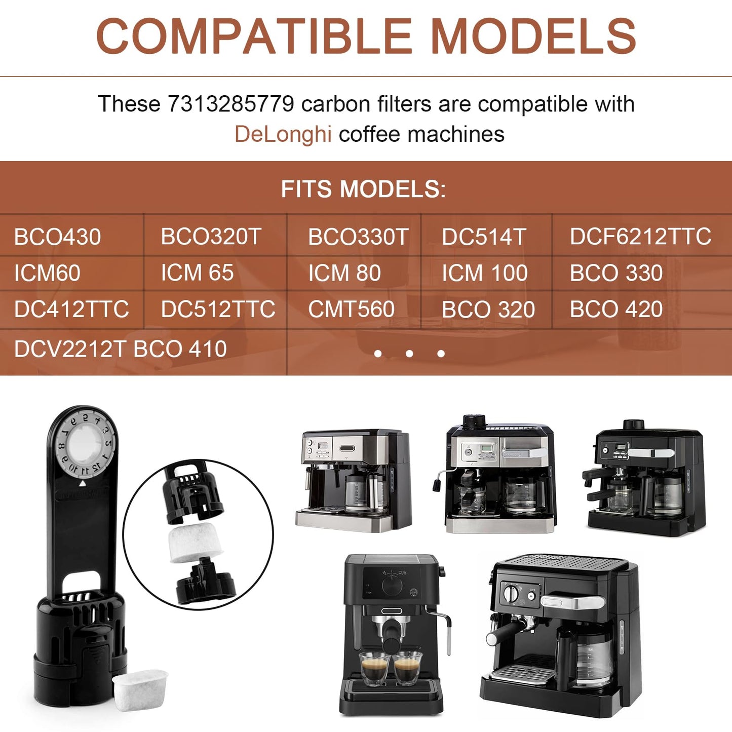 7313285779 Coffee Filter Replacement for Delonghi Espresso Machine - Activated Charcoal Water Filter - Coffee Maker Carbon Filter, 4 Pack