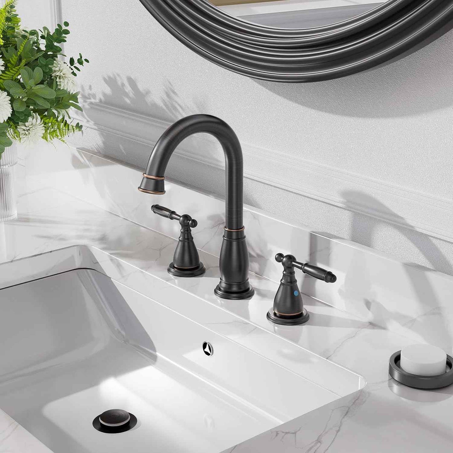 Oil Rubbed Bronze Widespread Bathroom Faucet Set with Valve & Drain - Phiestina WF017-4-ORB