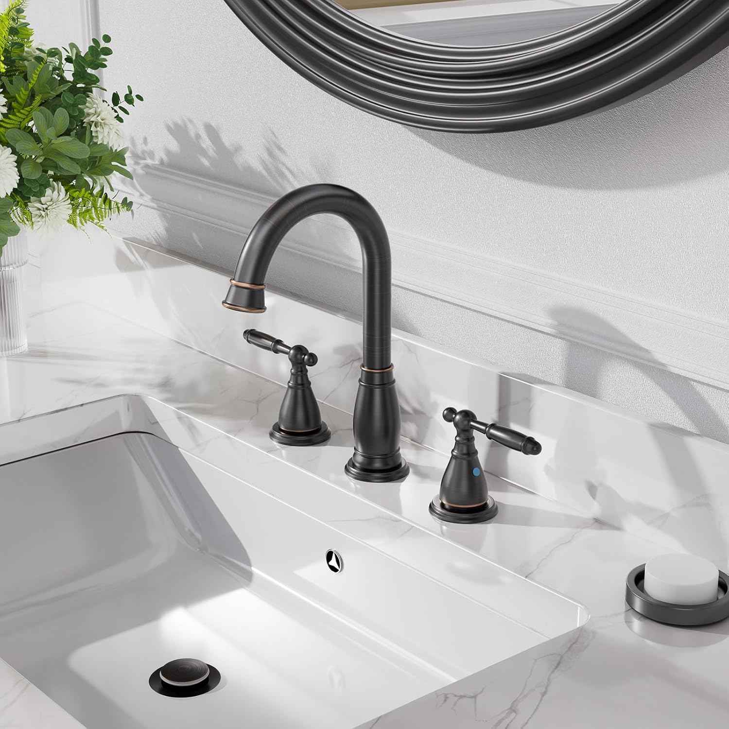 Oil Rubbed Bronze Widespread Bathroom Faucet Set with Valve & Drain - Phiestina WF017-4-ORB