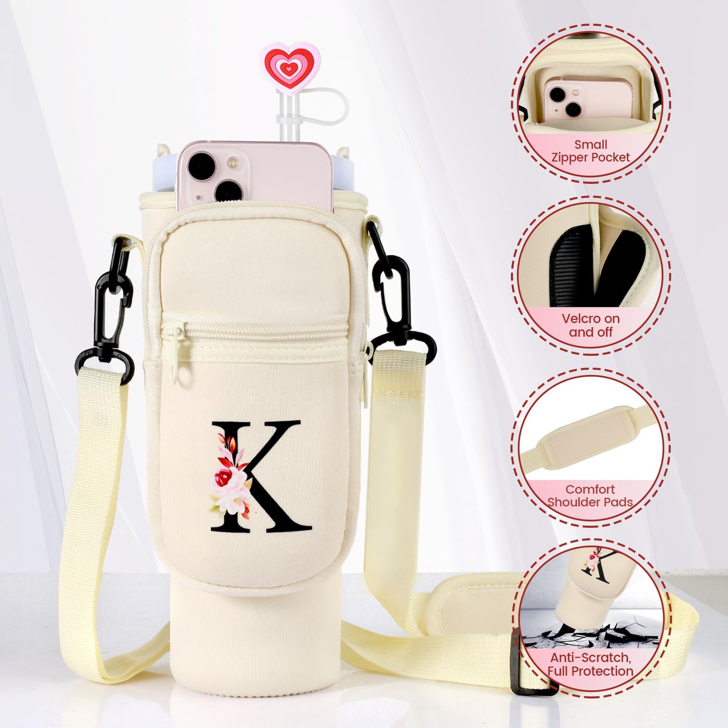 GOEWY Water Bottle Carrier Bag for Stanley 30 oz Tumbler with Handle Neoprene Water Bottle Holder Pouch Stanley Cup Accessories Gift Set with 1 Straw Cover & 1 Letter Charm J