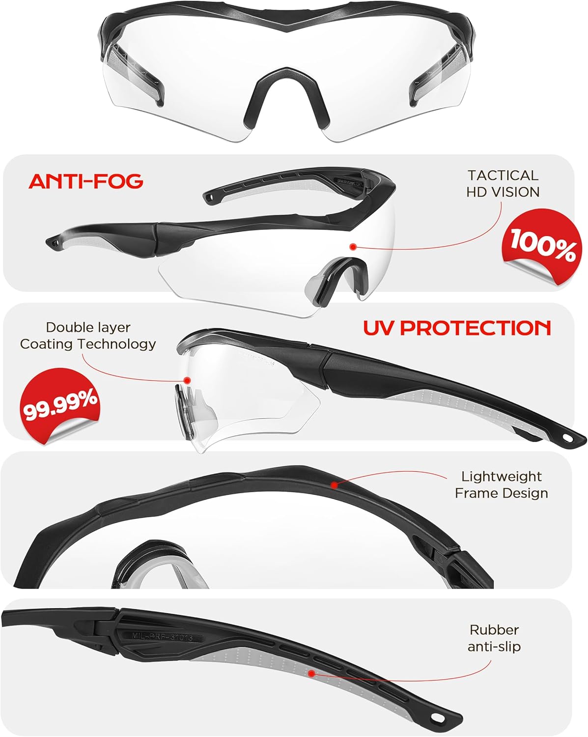 Skiennix Anti-Fog Tactical Shooting Glasses - Clear HD Lens | UV Protection & Wrap-Around Design