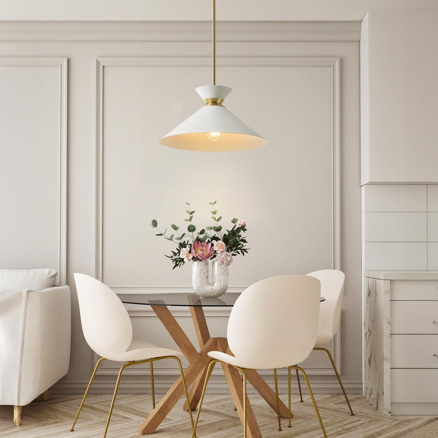 GLOBE Electric 67000197 1-Light Pendant Lighting, Matte Brass, White Tapered Shade, Ring Detail, Adjustable Hanging Height, Home Improvement, Kitchen, Dimmable