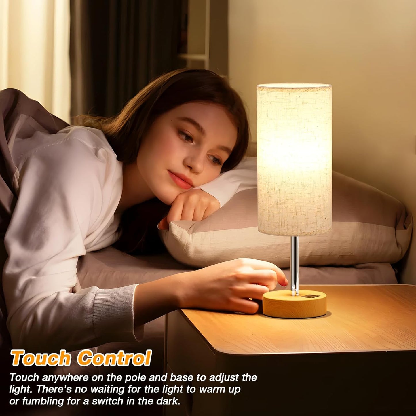 Touch Bedside Lamps Set of 2 - Dimmable Table Lamps with Wooden Charging Station for Bedroom & Kids Room