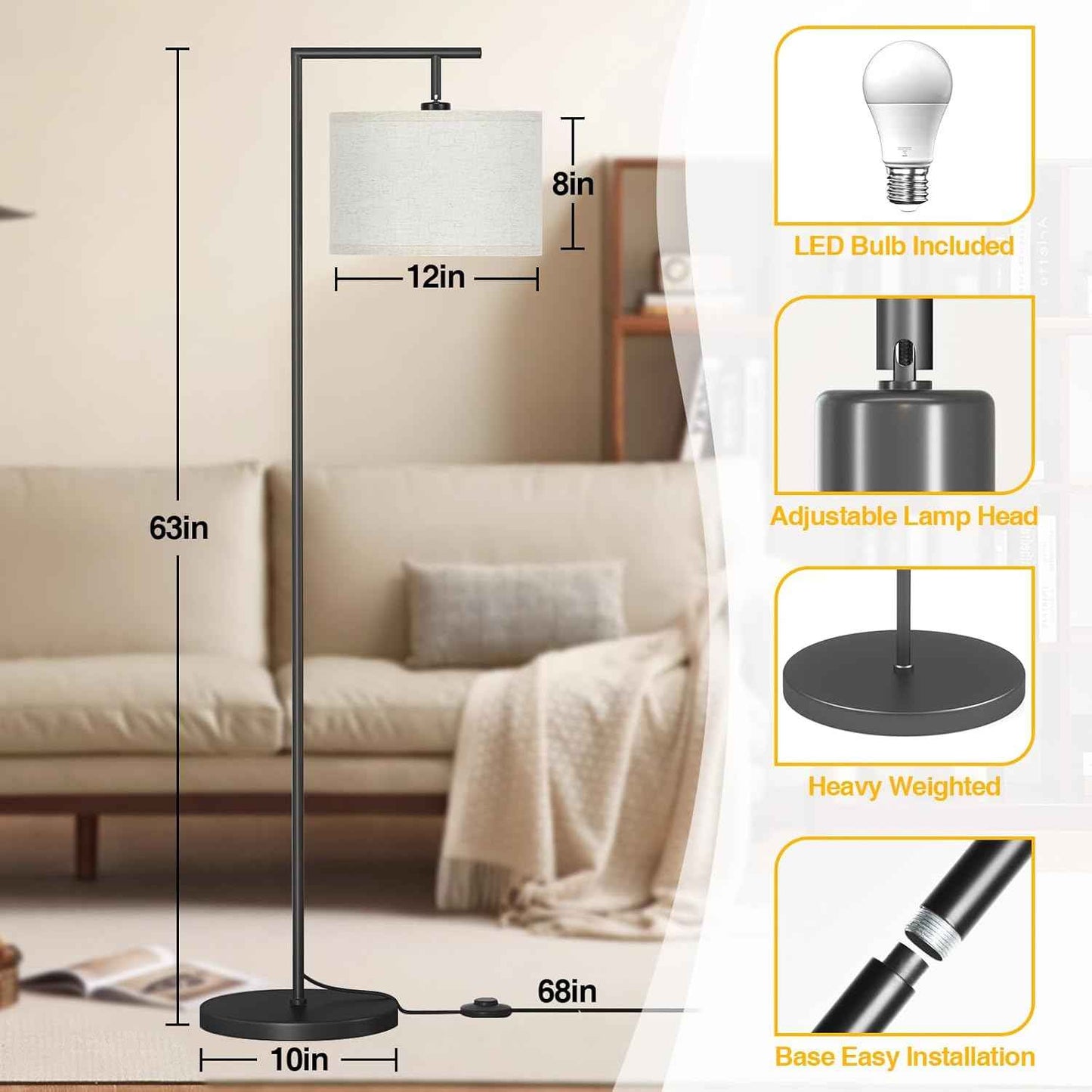 Adjustable Black Floor Lamp for Living Room - 3 Color Temperatures & Beige Linen Shade