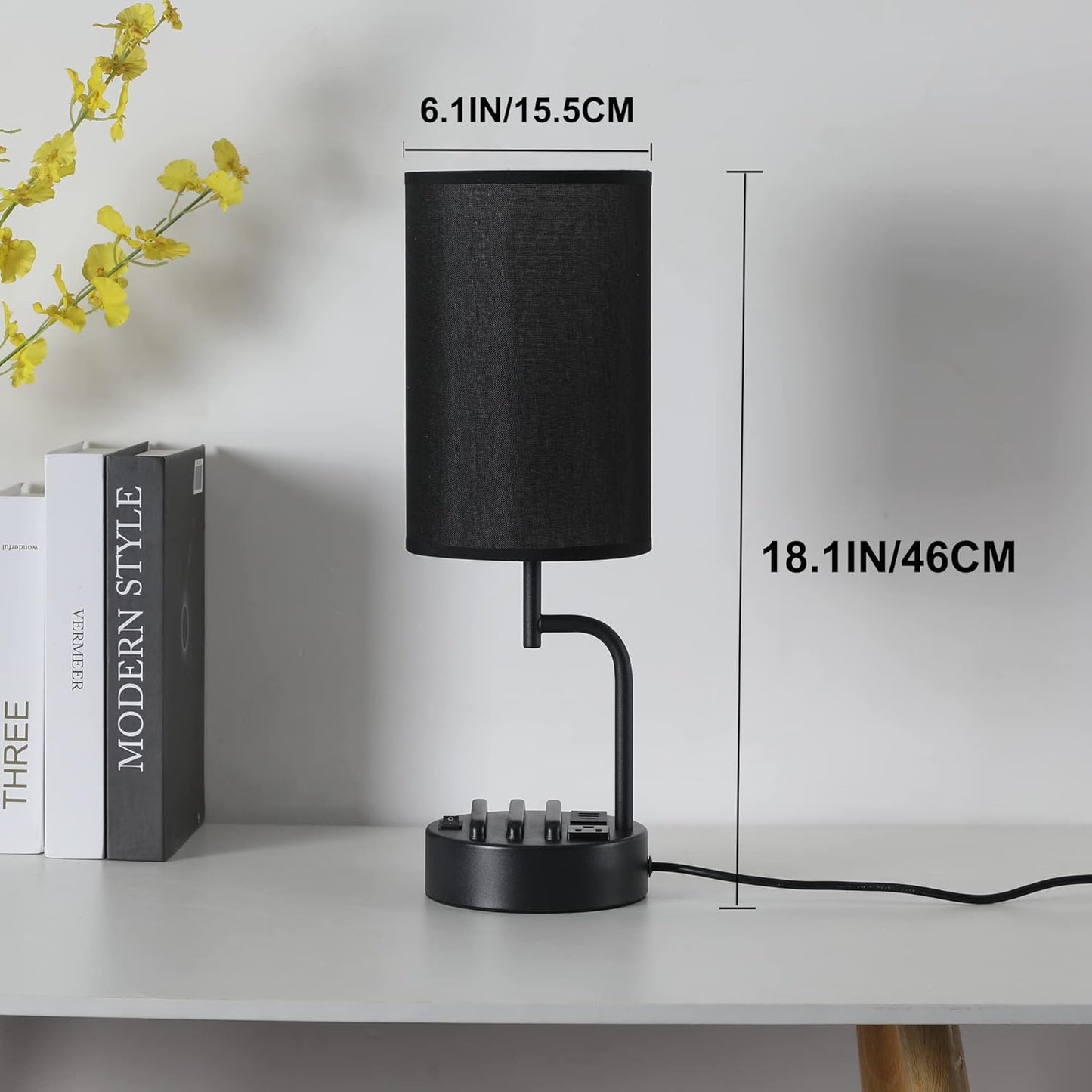Modern Table Lamp with 3 USB Ports & AC Outlet - Set of 2 Bedside Desk Lamps in Silver