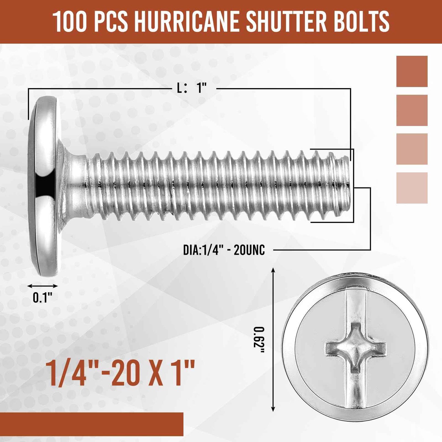 Blulu 100 Pcs 1/4"-20 Hurricane Shutter Bolts, Sidewalk Screws Bolts, 304 Stainless Steel, for Installing Hurricane Panels to Storefronts and Sliding Glass Doors (1/4"-20 x 1)