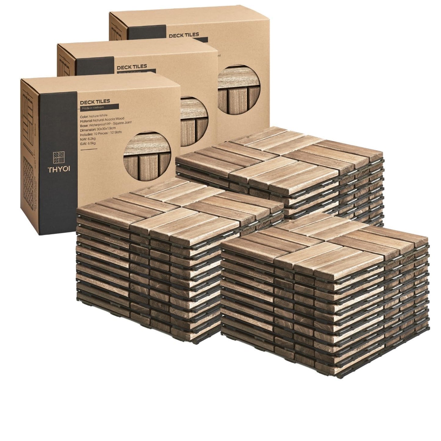 Outdoor Waterproof Acacia Wood Deck Tiles - 10 Pcs Patio Flooring for All Weather Use