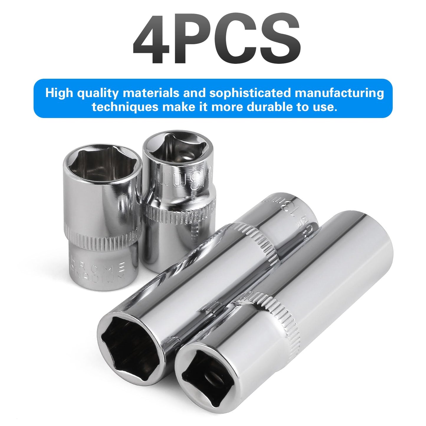 4-Piece 13mm Socket Set, 3/8-Inch Drive, 6-Point, Deep & Shallow Sockets, Corrosion Resistance, Compatible with Standard Ratchet Wrenches and Tools