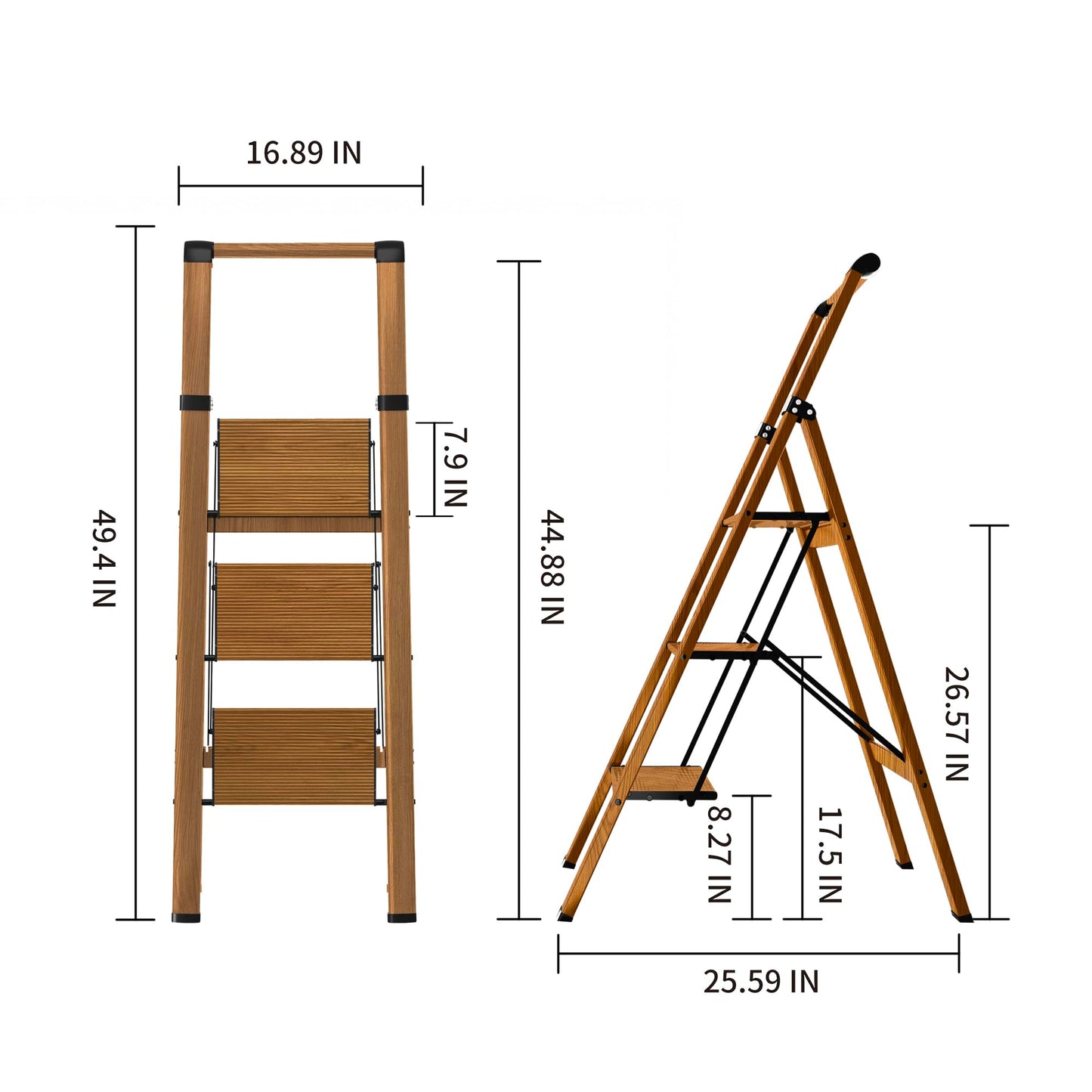BEFITMACE 3 Step Ladder,Folding Step Stool with Aluminum Wide Pedal& Convenient Handgrip,330lbs Capacity Steel Ladder for Household and Office(Woodgrain)