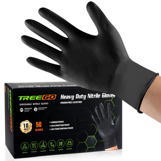 TREEGO Black Nitrile Gloves 10 Mil Heavy Duty Disposable Latex Free – Diamond Grip for Industrial, Construction, Mechanic (50, M)